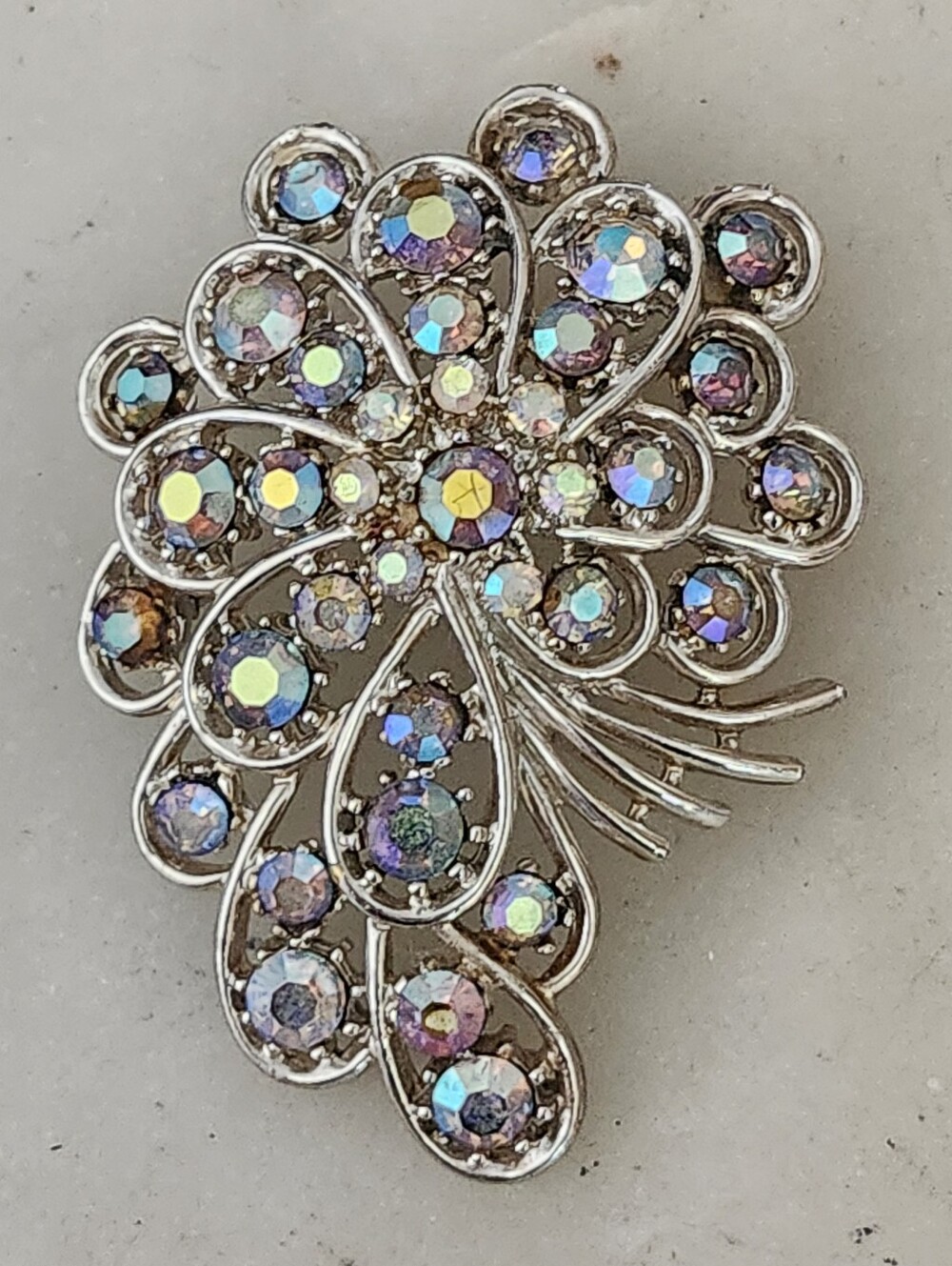 Vtg Signed Aurora Borealis Rhinestone Floral Silver Brooch - Iridescent Sparkle